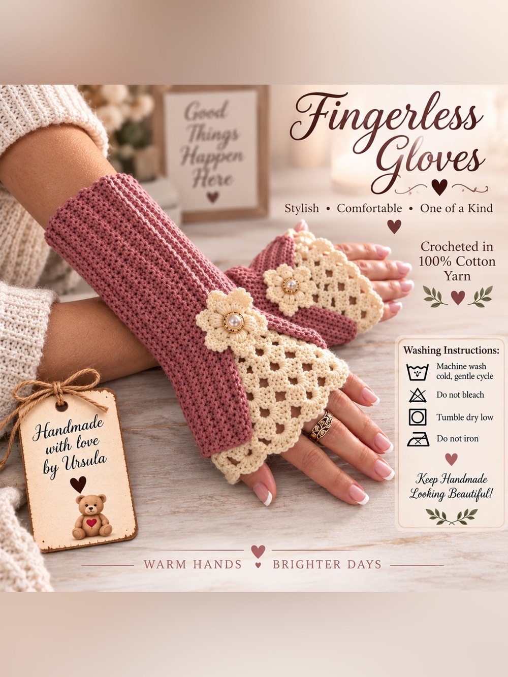 Hand Crafted Crochet Arm Warmers with Floral Detail